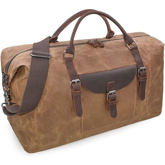 Oversized Travel Duffel Bag Waterproof Canvas Genuine Leather Weekend